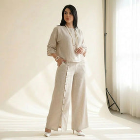Conjunto Raízes™ Em Linho de Algodão com Blusa Confortável e Calça Elegante