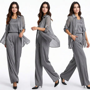 Conjunto Acetinado Sevilha™ 3 Peças com Blusinha, Camisa Longa e Calça