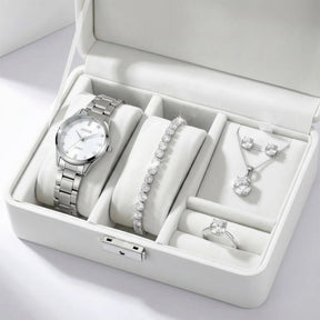 Conjunto Majestade™ Coleção Luxo Prateado com 5 Peças Relógio e Joias