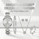 Conjunto Majestade™ Coleção Luxo Prateado com 5 Peças Relógio e Joias
