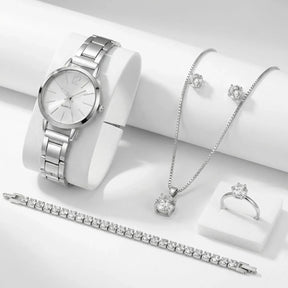 Conjunto Majestade™ Coleção Luxo Prateado com 5 Peças Relógio e Joias