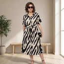 Vestido Marfim™ Longo Zebrado com Cintura Ajustável