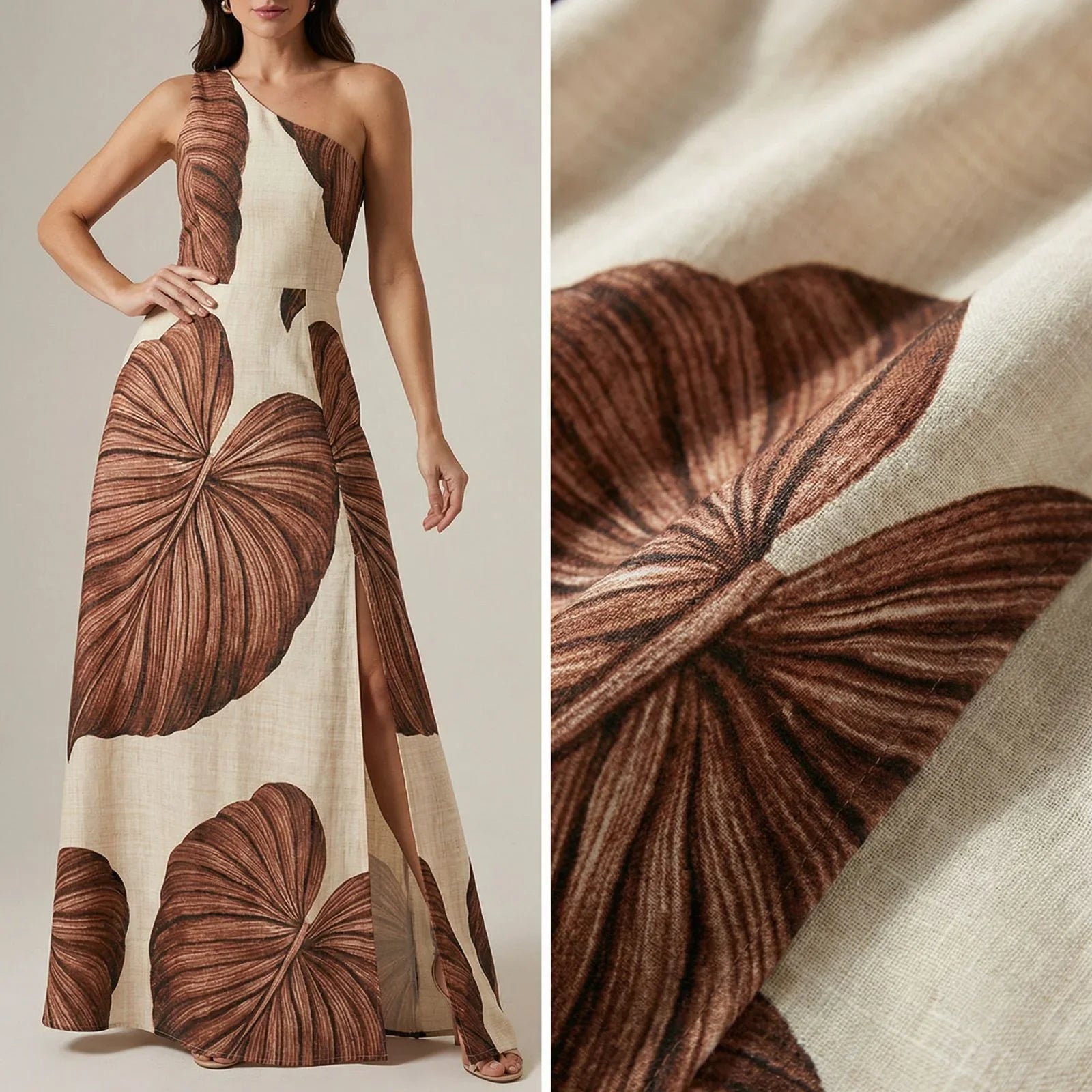 Vestido Longo Yara™ em Viscose Rústica com Fenda Lateral e Decote Assimétrico
