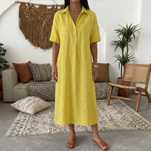 Vestido Bianca™ em Linho com Colarinho Clássico e Botões Frontais